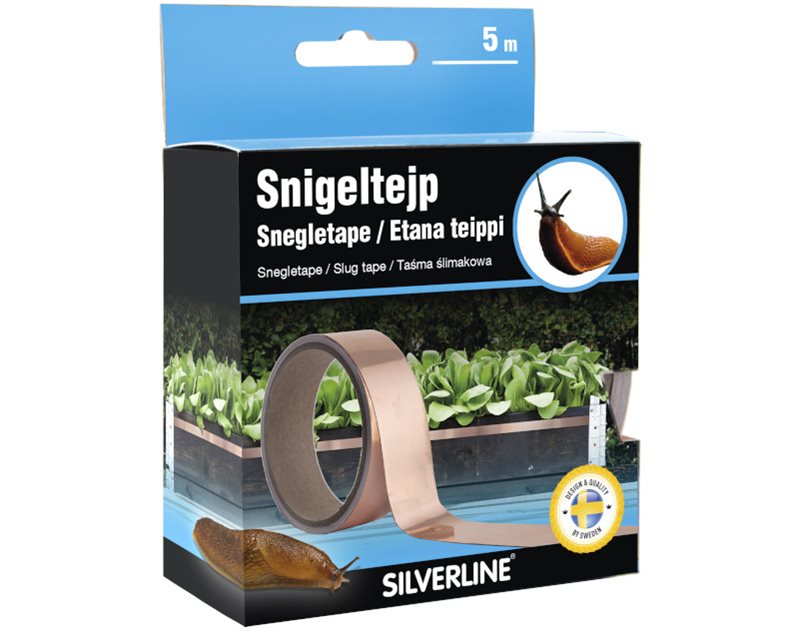 Snigelbarriär Koppartejp 5 m Denna koppartejp håller sniglarna borta från dina odlingar. Koppartejpen fästs runt kanten på krukor, lådor eller pallkragar